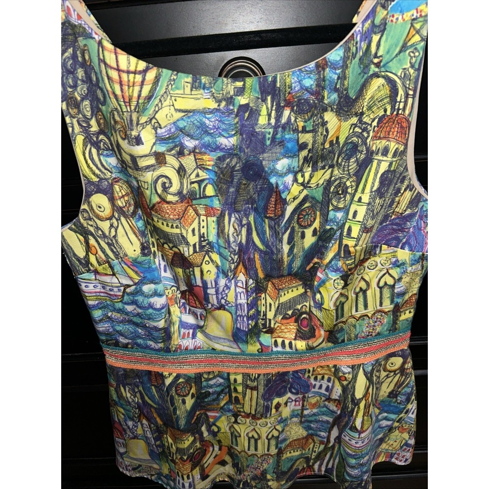 Anthropologie Weston Womens Sz S Peplum Top Illustrated Cityscape Sleeveless Art - Picture 2 of 7
